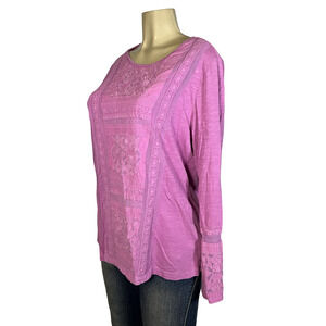 Soft Surroundings Shirt Womens Large Pink Embroidered Lace Boho Long Sleeve Top
